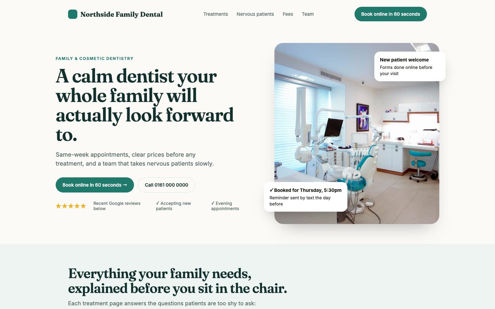 Concept dental site: hero with online booking, call button and a booking confirmation card
