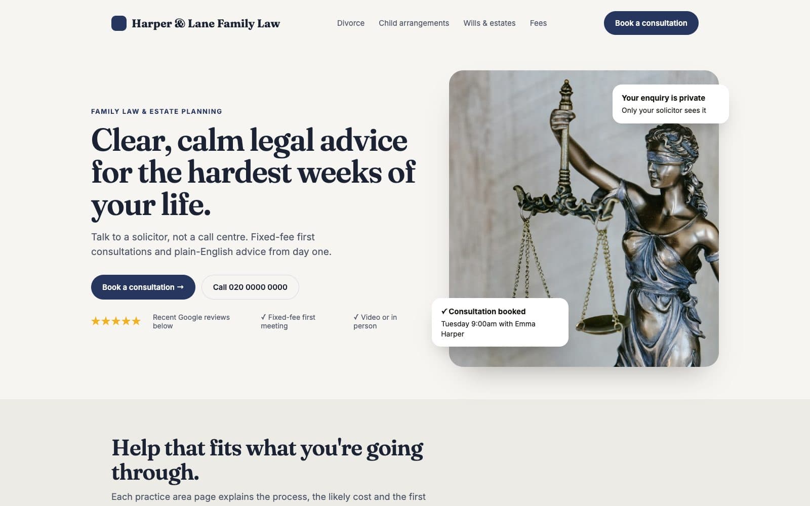 Concept law firm site: hero with consultation booking and a confidentiality note