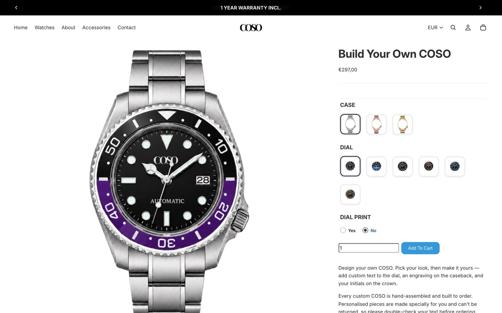 Build Your Own COSO: watch configurator with case, dial and print options
