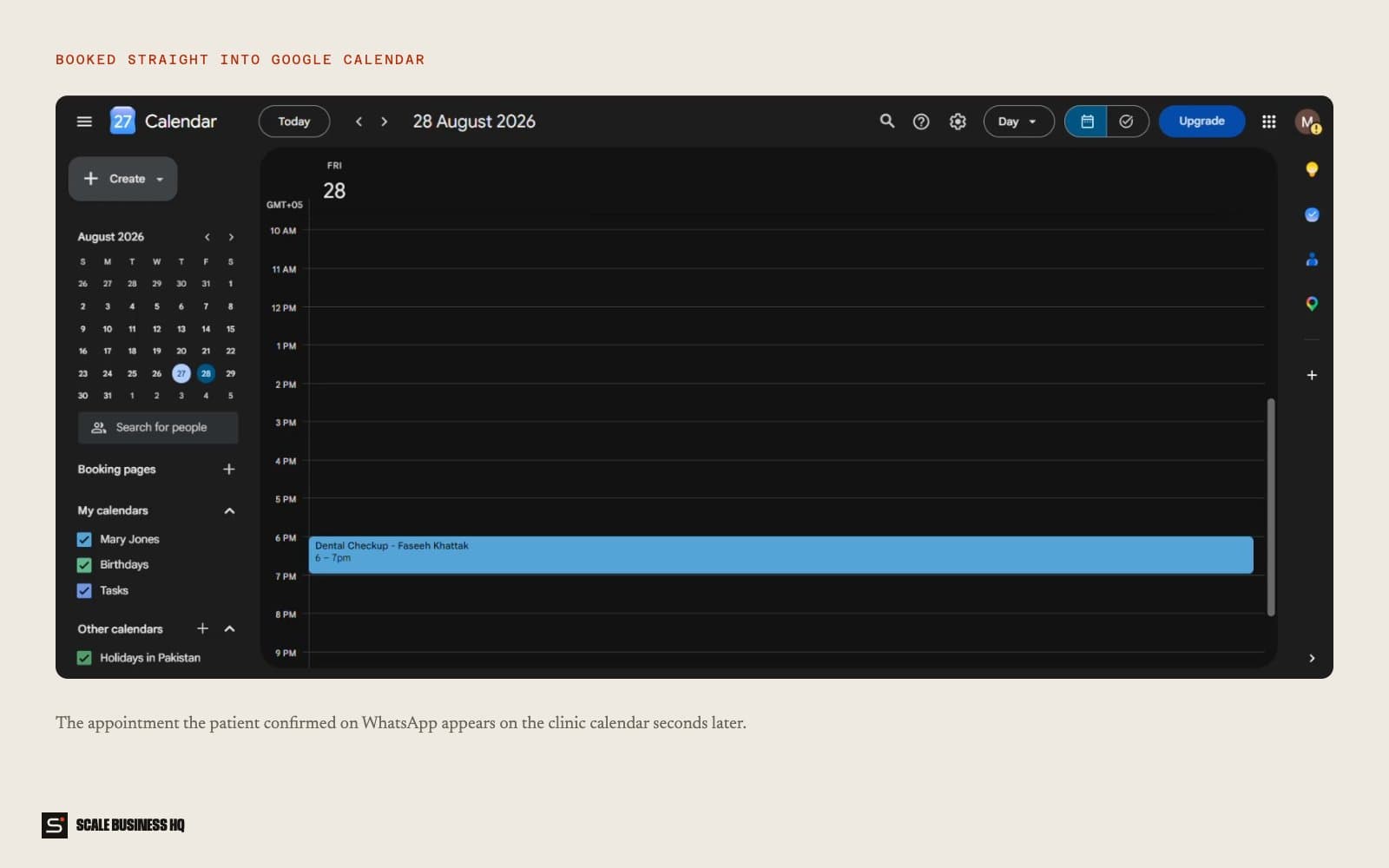 The booked checkup appearing in Google Calendar