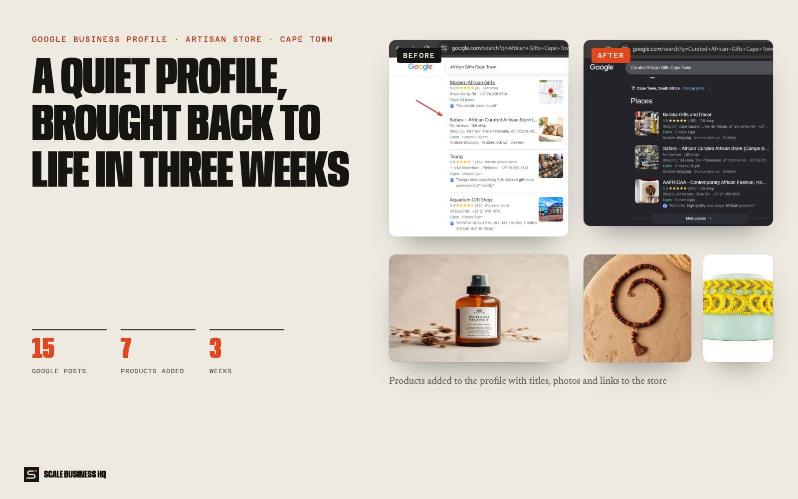 Before and after Google results for Safara, with products added to the profile