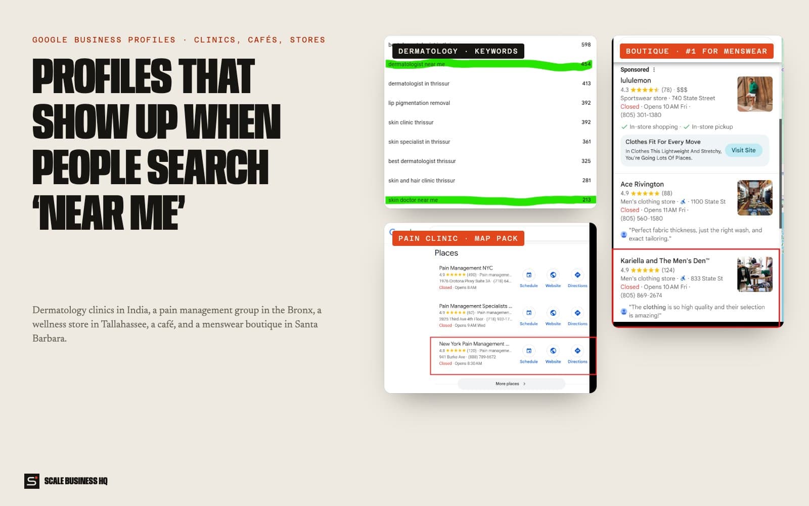 Google Business Profile results for a dermatology clinic, a pain clinic and a menswear boutique