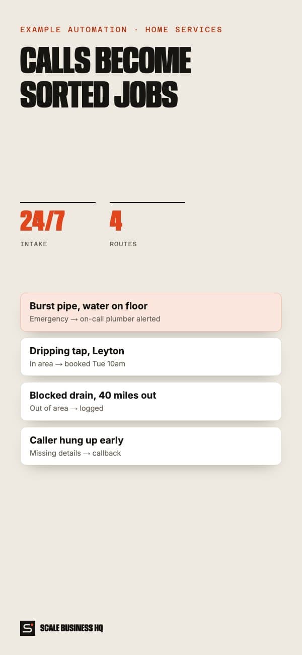 AI dispatcher flow: calls sorted into emergency, booked, out of area or callback on mobile