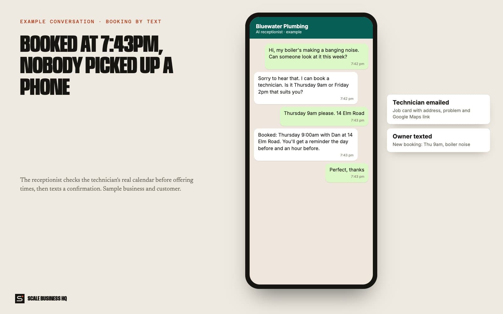 Example text conversation where the AI receptionist books a boiler repair