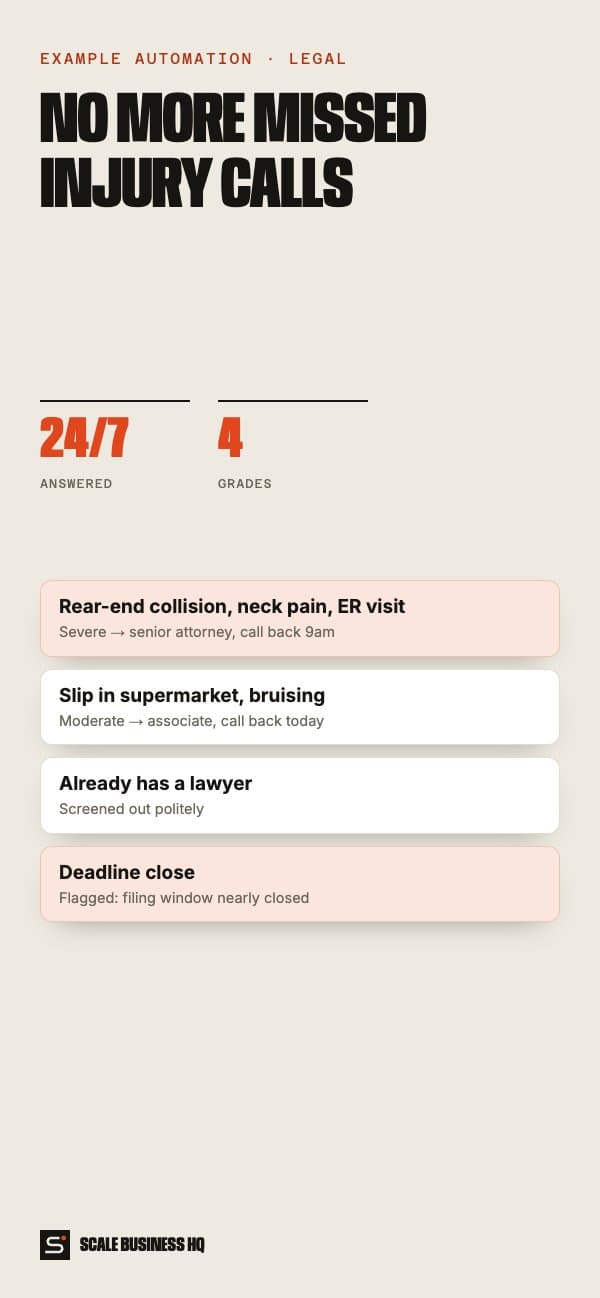 AI intake line flow: call answered, case details taken, deadline checked, case graded and routed on mobile
