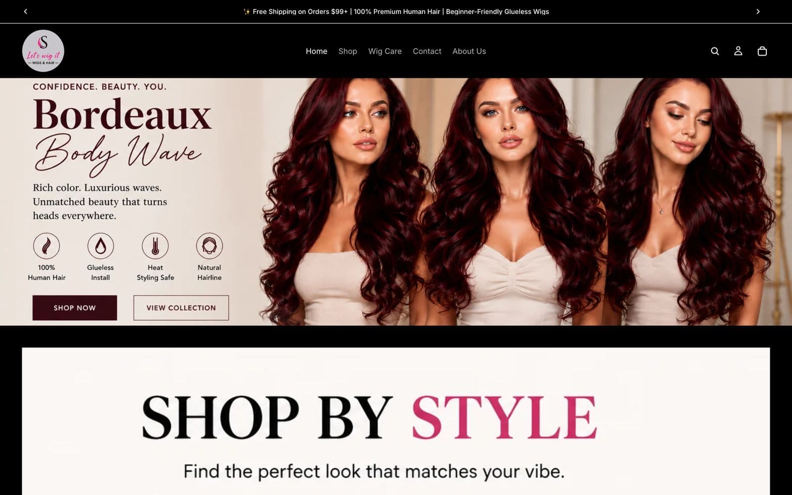 Let's Wig It homepage: Bordeaux Body Wave hero with three models and shop buttons