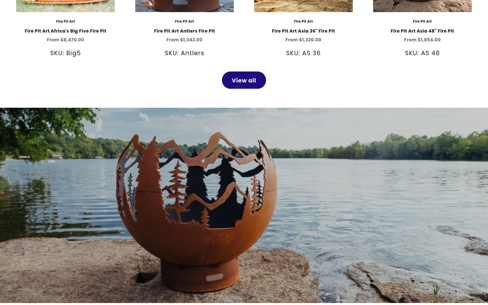 Featured fire pits with prices and a lakeside fire bowl lifestyle image