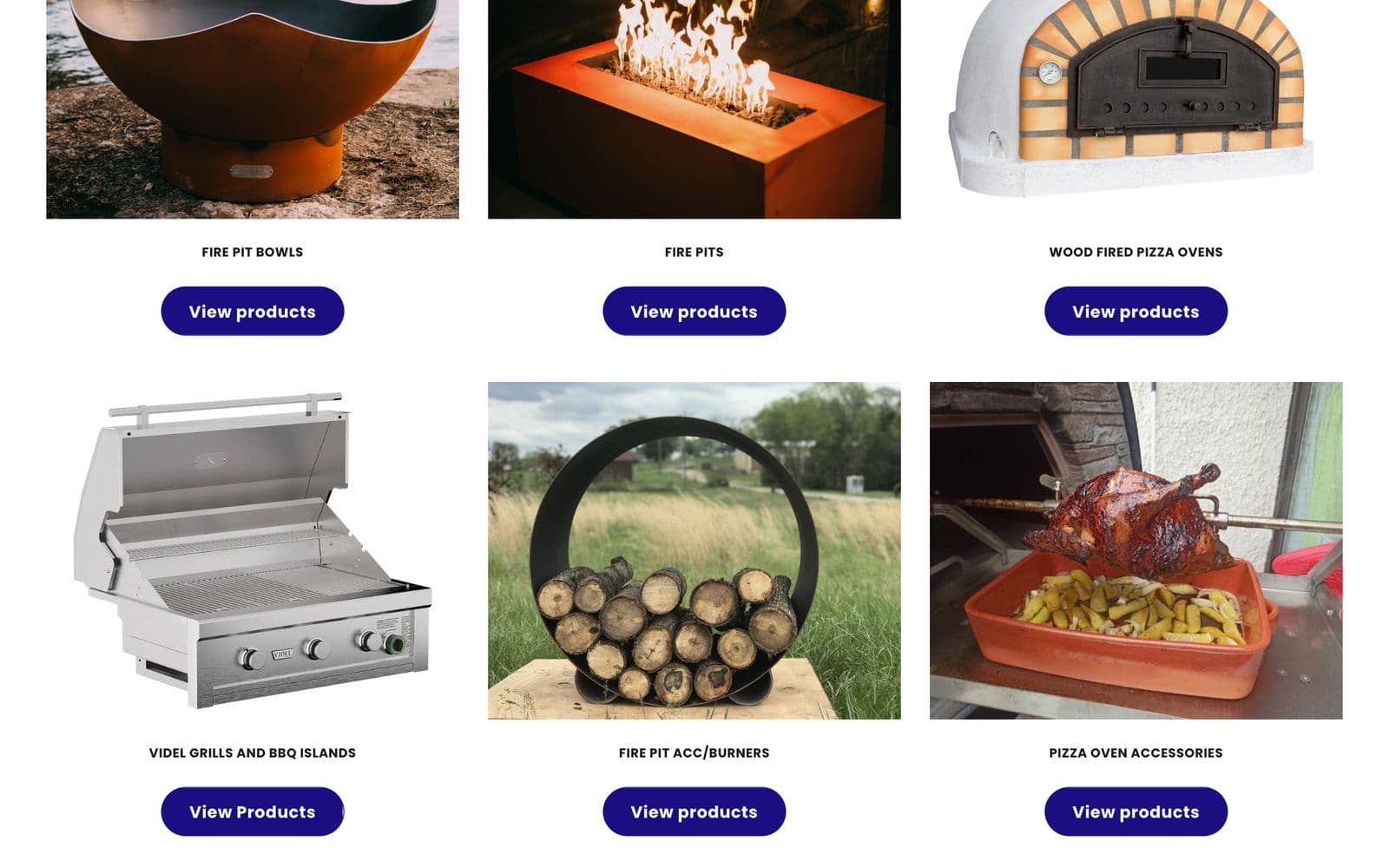 Product categories: fire pit bowls, fire pits, pizza ovens, grills and accessories