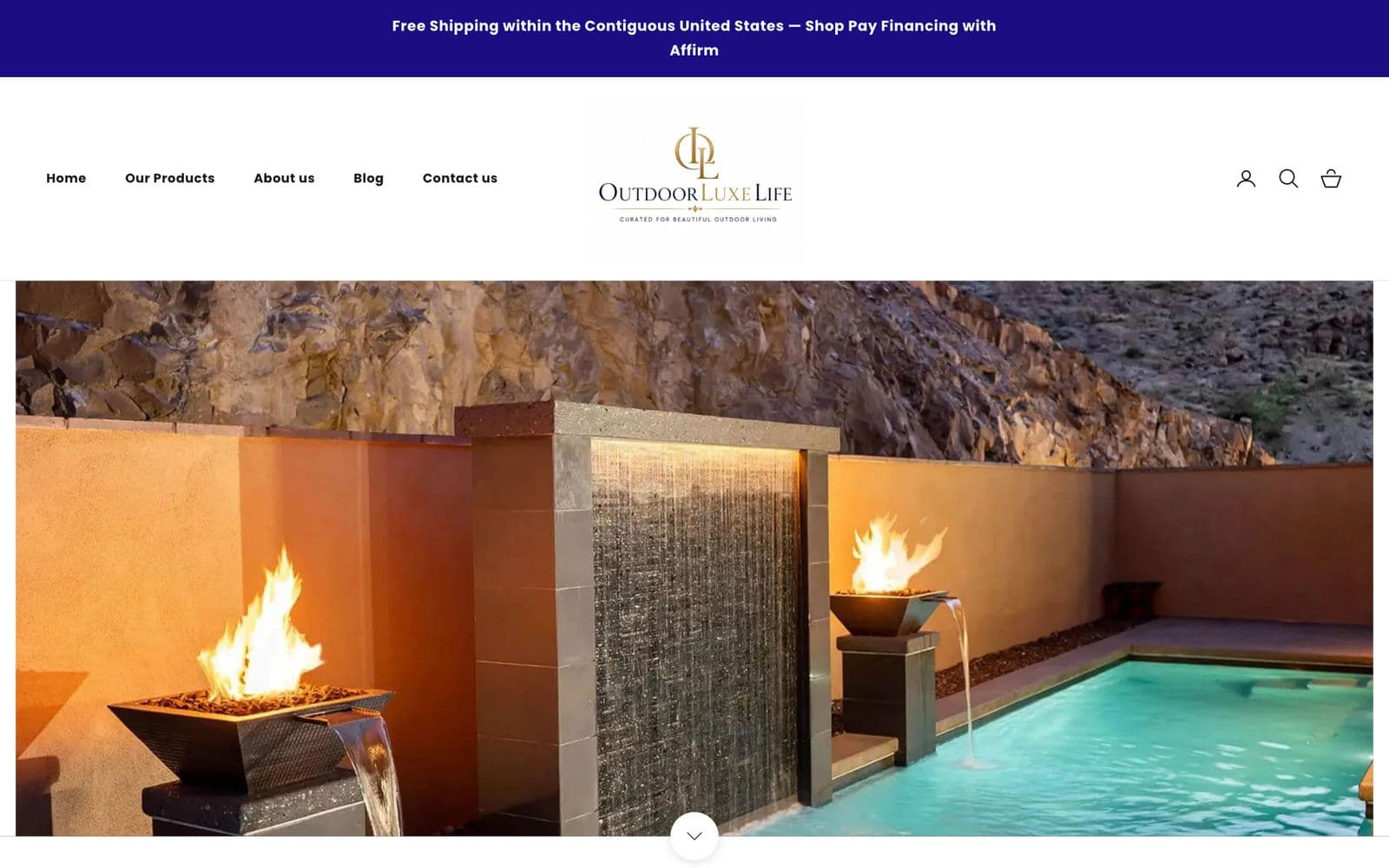 OutdoorLuxeLife homepage: poolside fire bowls hero with navigation