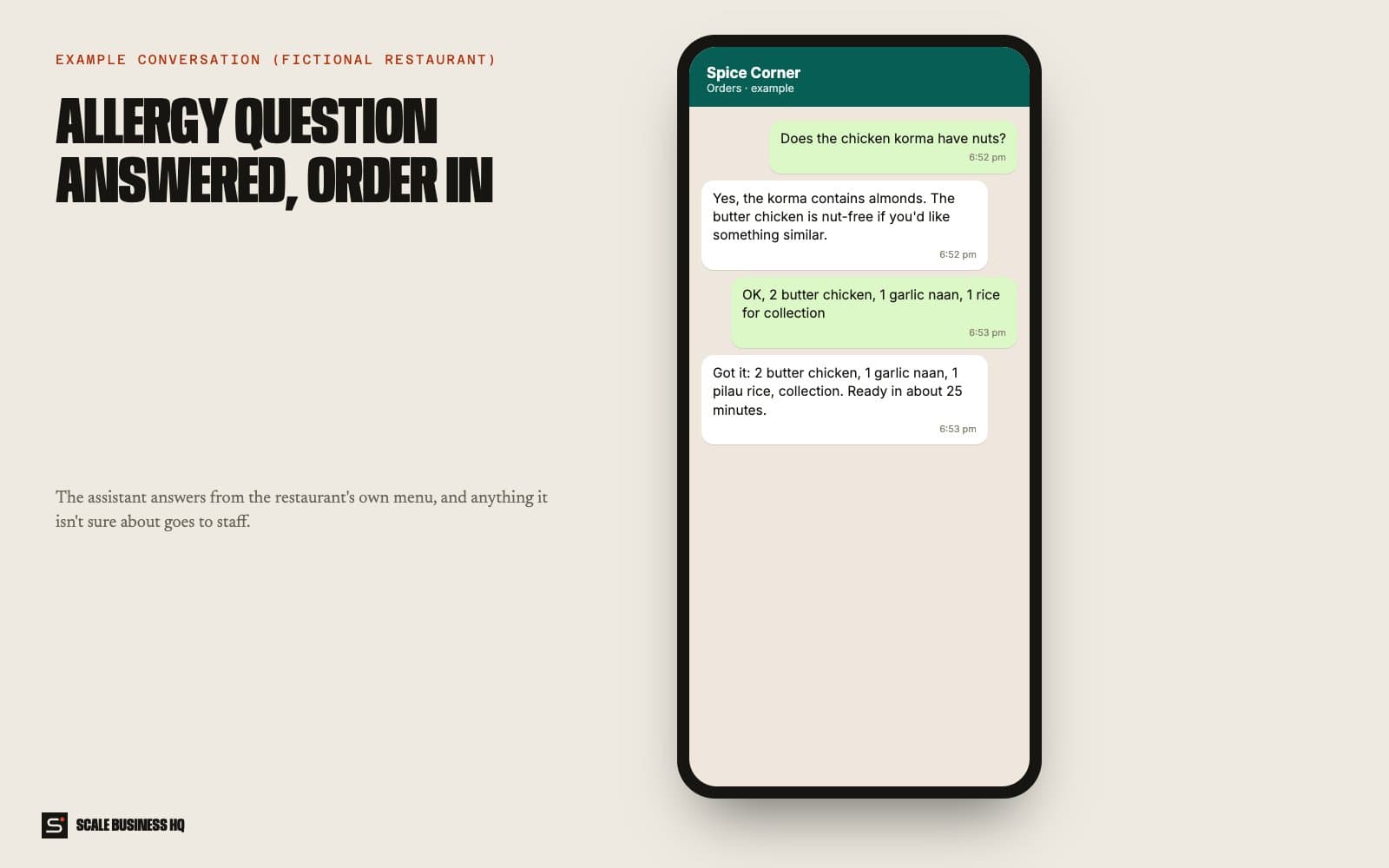 Example chat ordering two dishes and asking about allergens