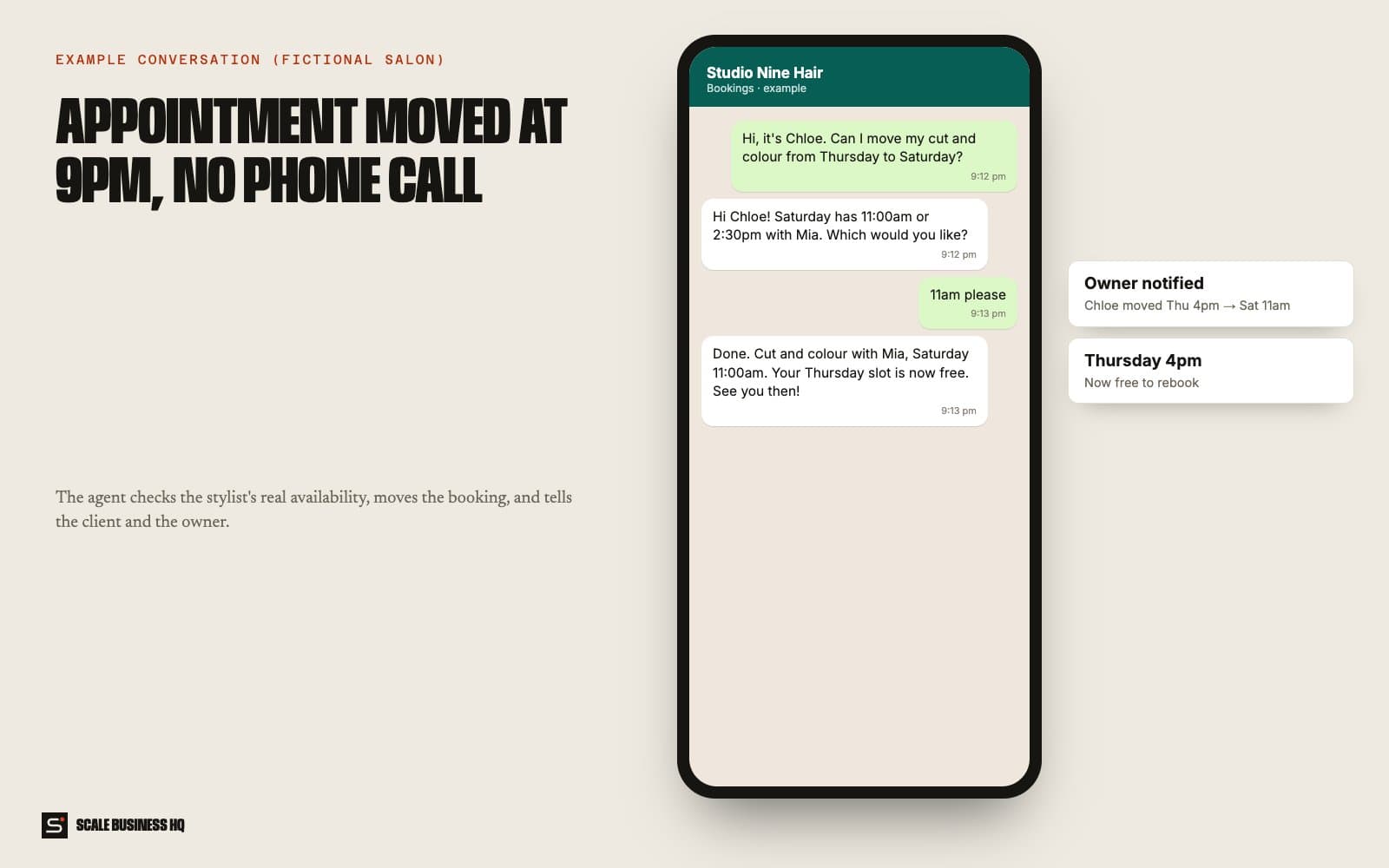 Example WhatsApp conversation moving a salon appointment
