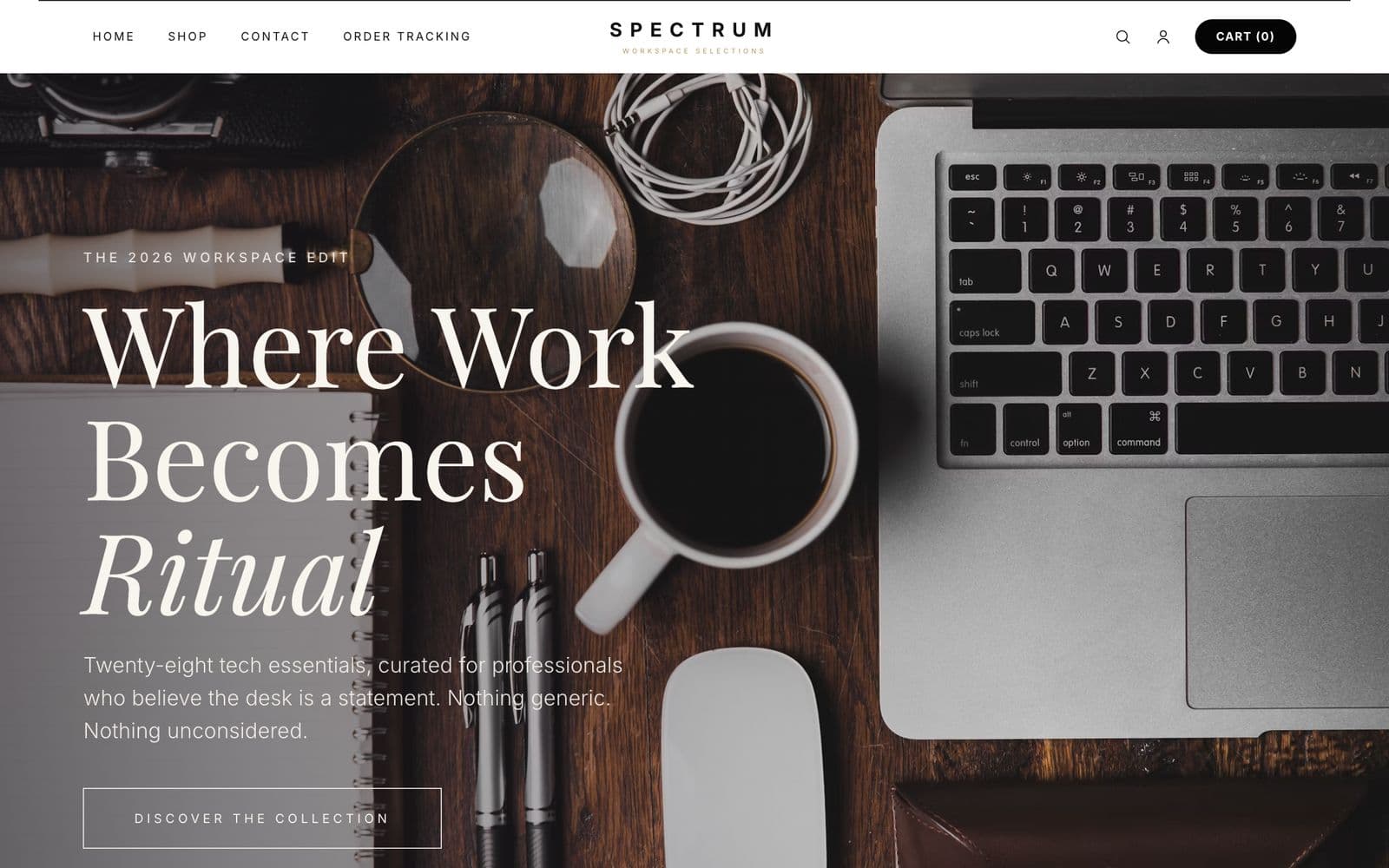Top Spectrum homepage: Where Work Becomes Ritual hero over a desk with laptop and coffee