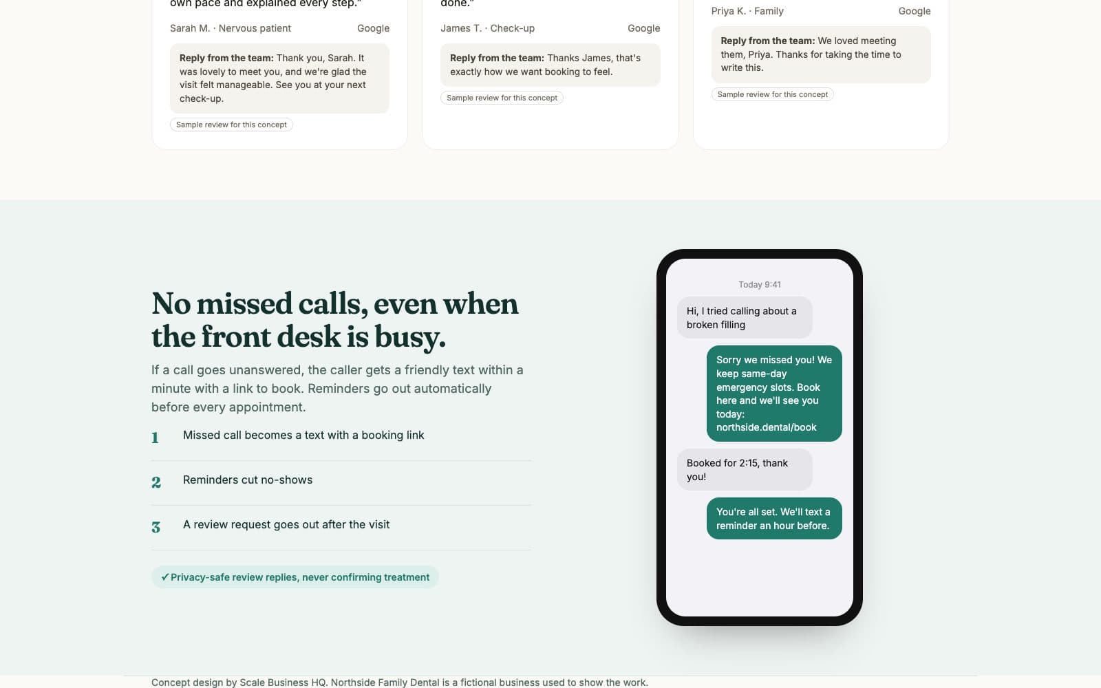 Missed-call text-back conversation that turns into a same-day booking