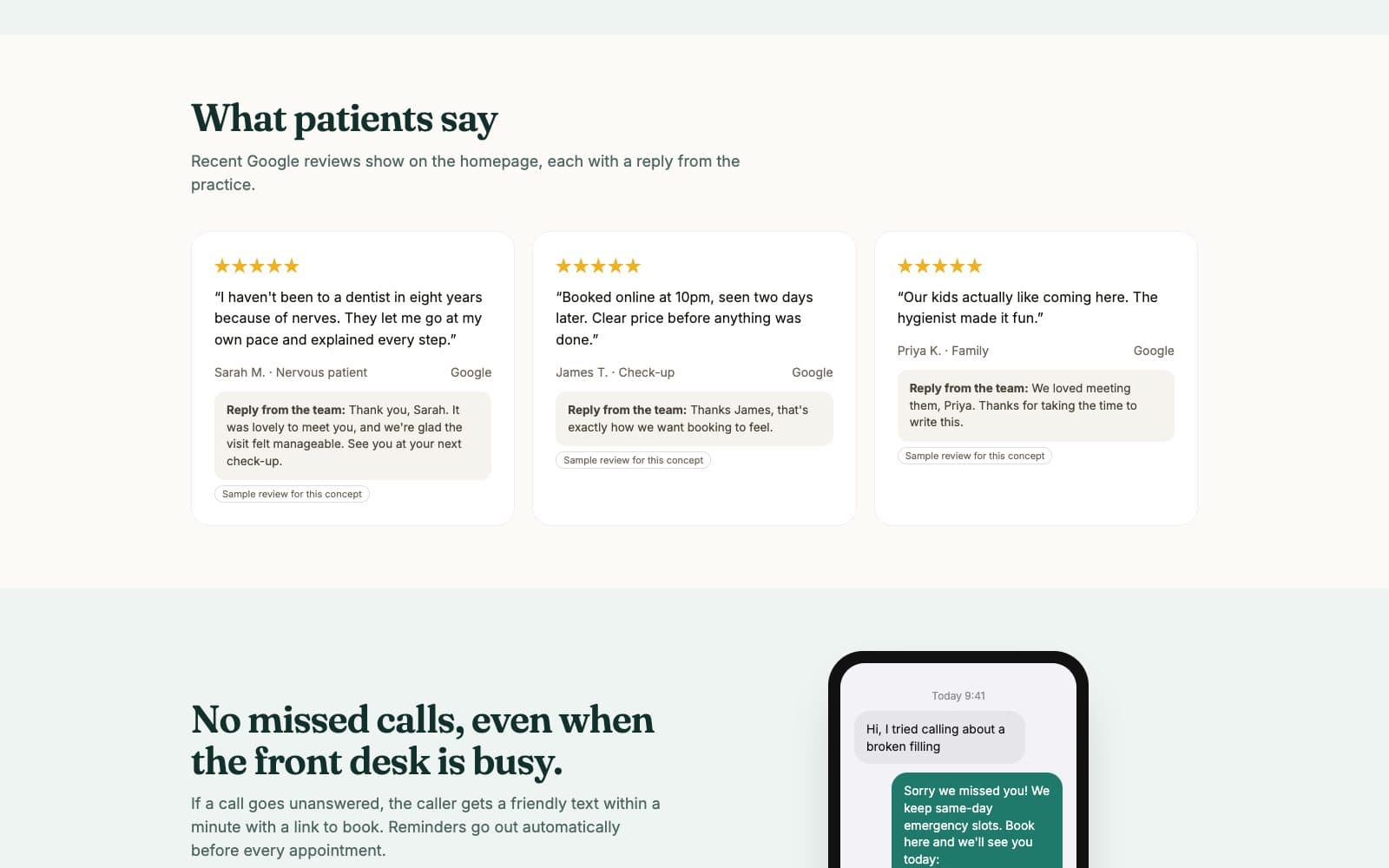 Homepage reviews, each with a privacy-safe reply from the practice (sample content)