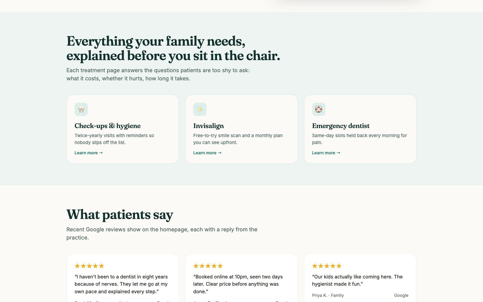 Treatment cards for check-ups, Invisalign and emergency appointments