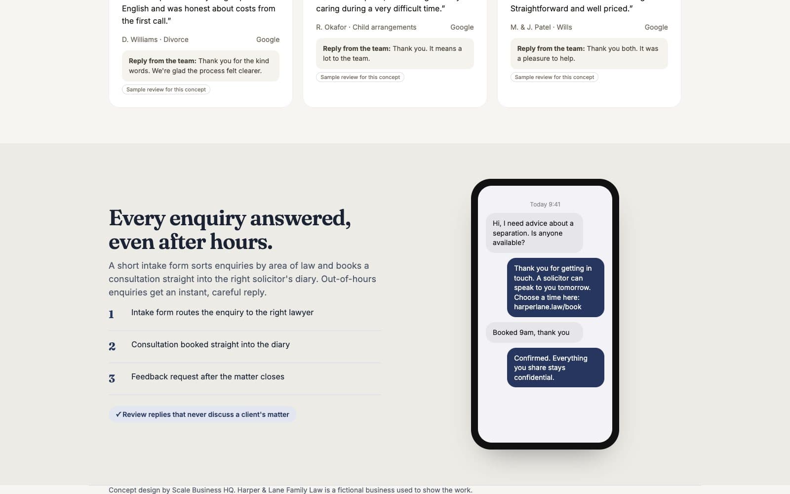 Out-of-hours enquiry answered instantly with a booking link