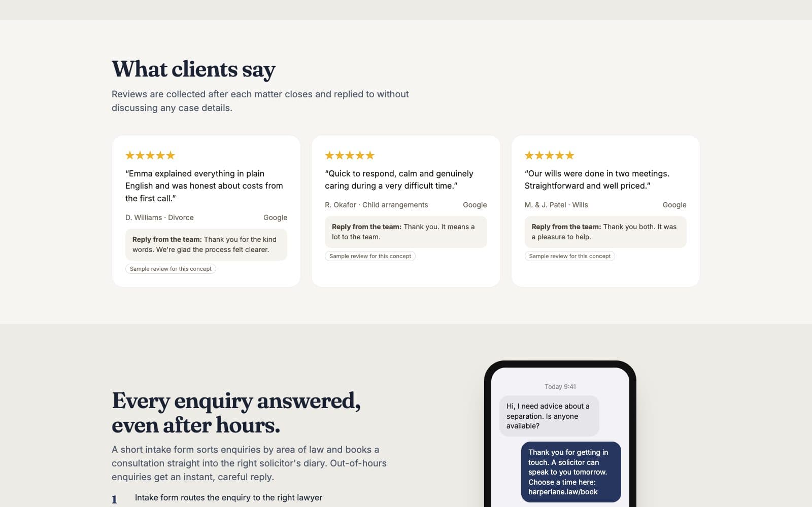 Client reviews with replies that never mention case details (sample content)
