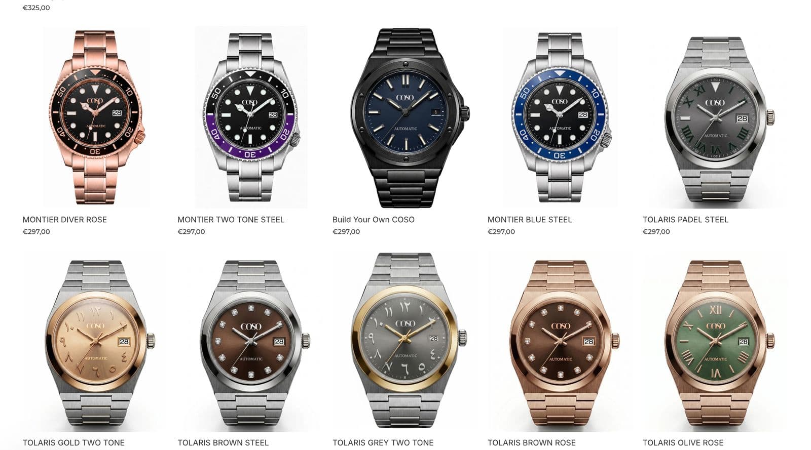Coso collection grid of automatic watches in steel, gold and rose