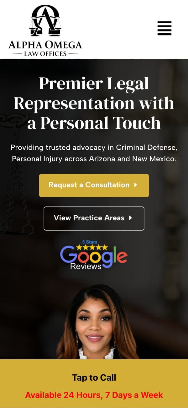 Alpha Omega Law Offices website on mobile