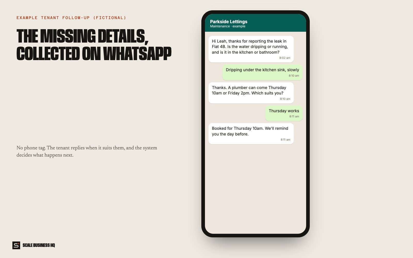 Example WhatsApp follow-up with a tenant about a leak