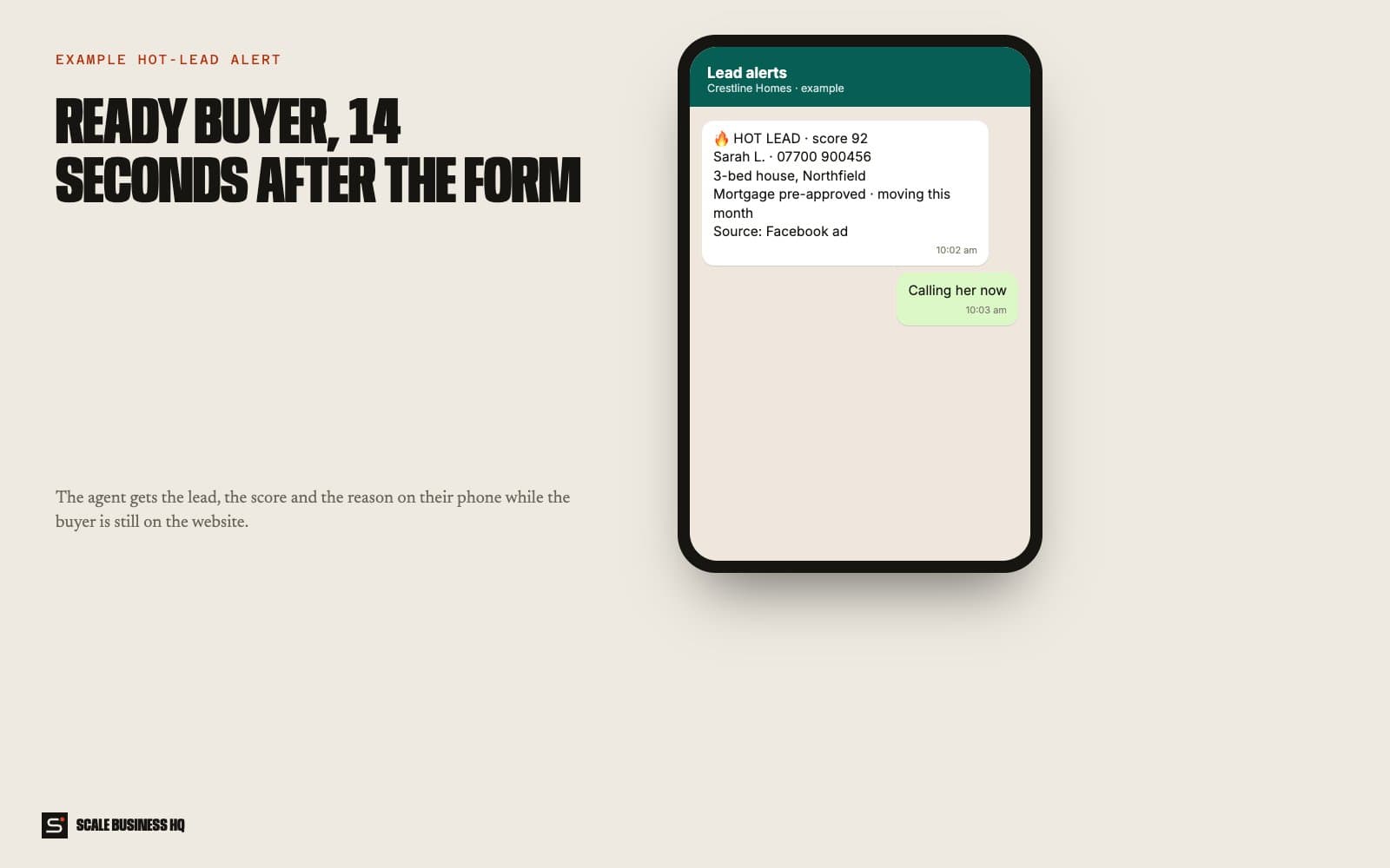 Example hot-lead alert on the agent's phone